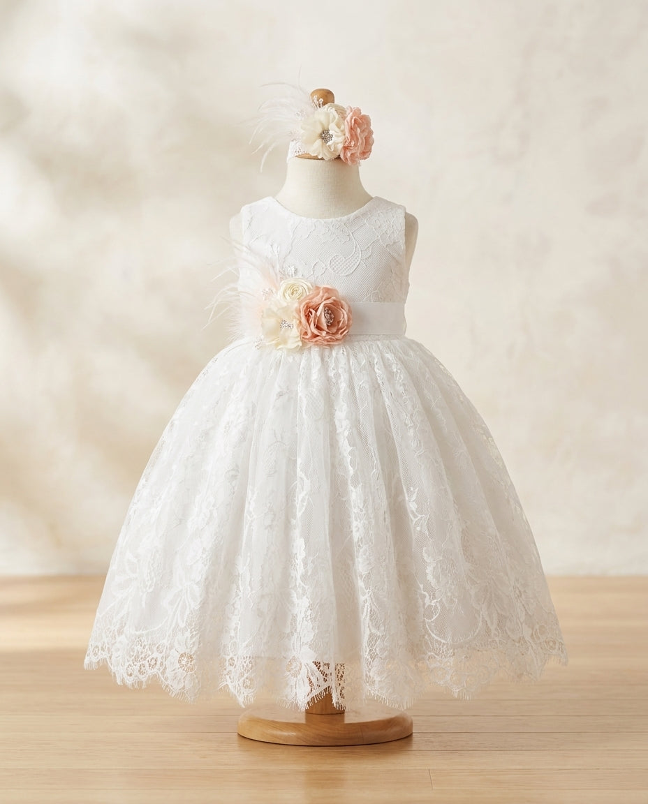 White Baby Lace Baptism Dress with Headband and Sash
