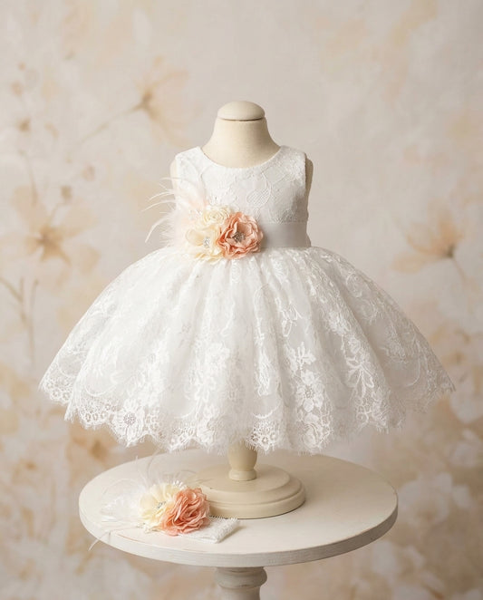 White Baby Lace Baptism Dress with Peach and Ivory Headband and Sash