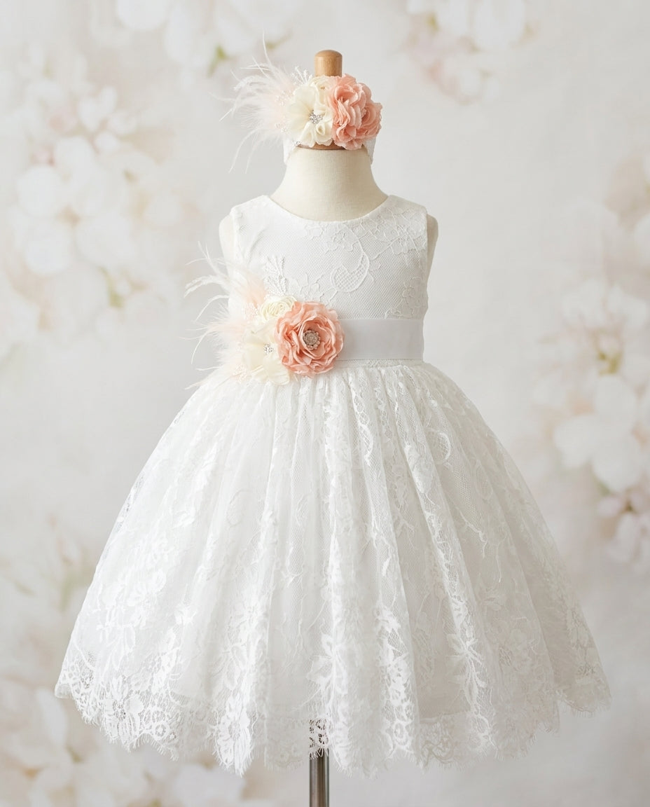 White Baby Lace Baptism Dress with Peach and Ivory Headband and Sash