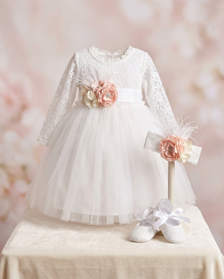 Baby Girl White Ballerina Dress with Floral Headband and Sash