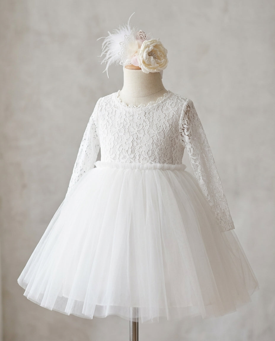 White Ballerina Baptism Dress with Headband