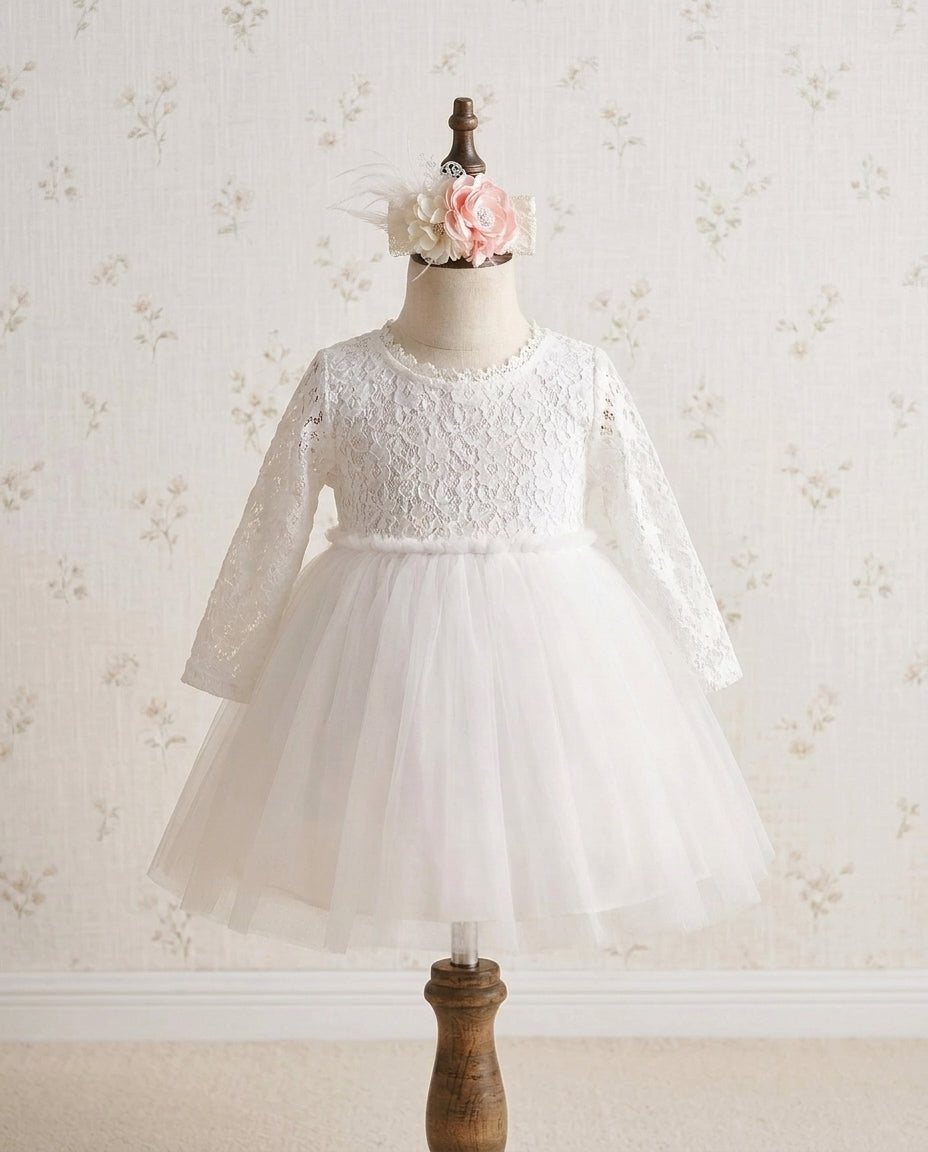 White Ballerina Baptism Dress with Headband