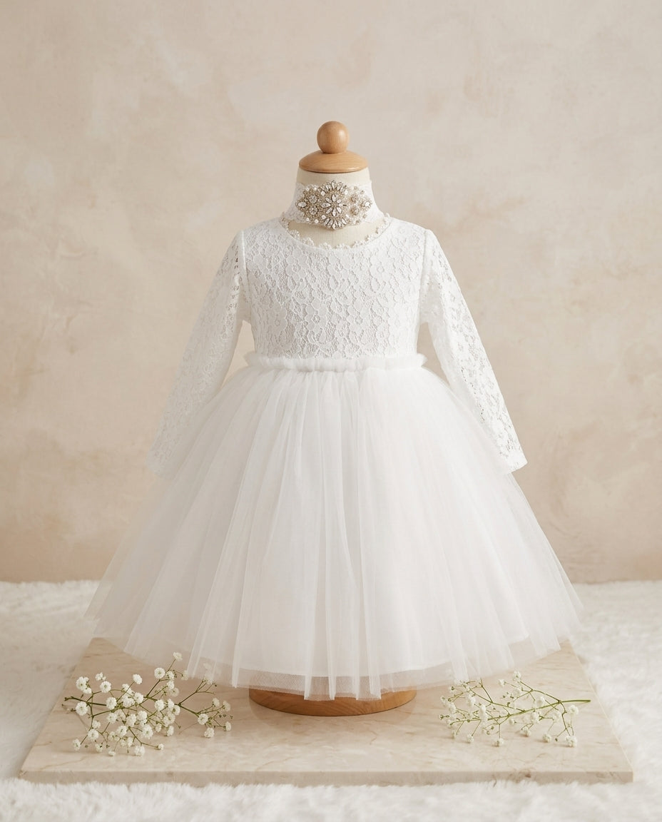 White Ballerina Baptism Dress with Headband