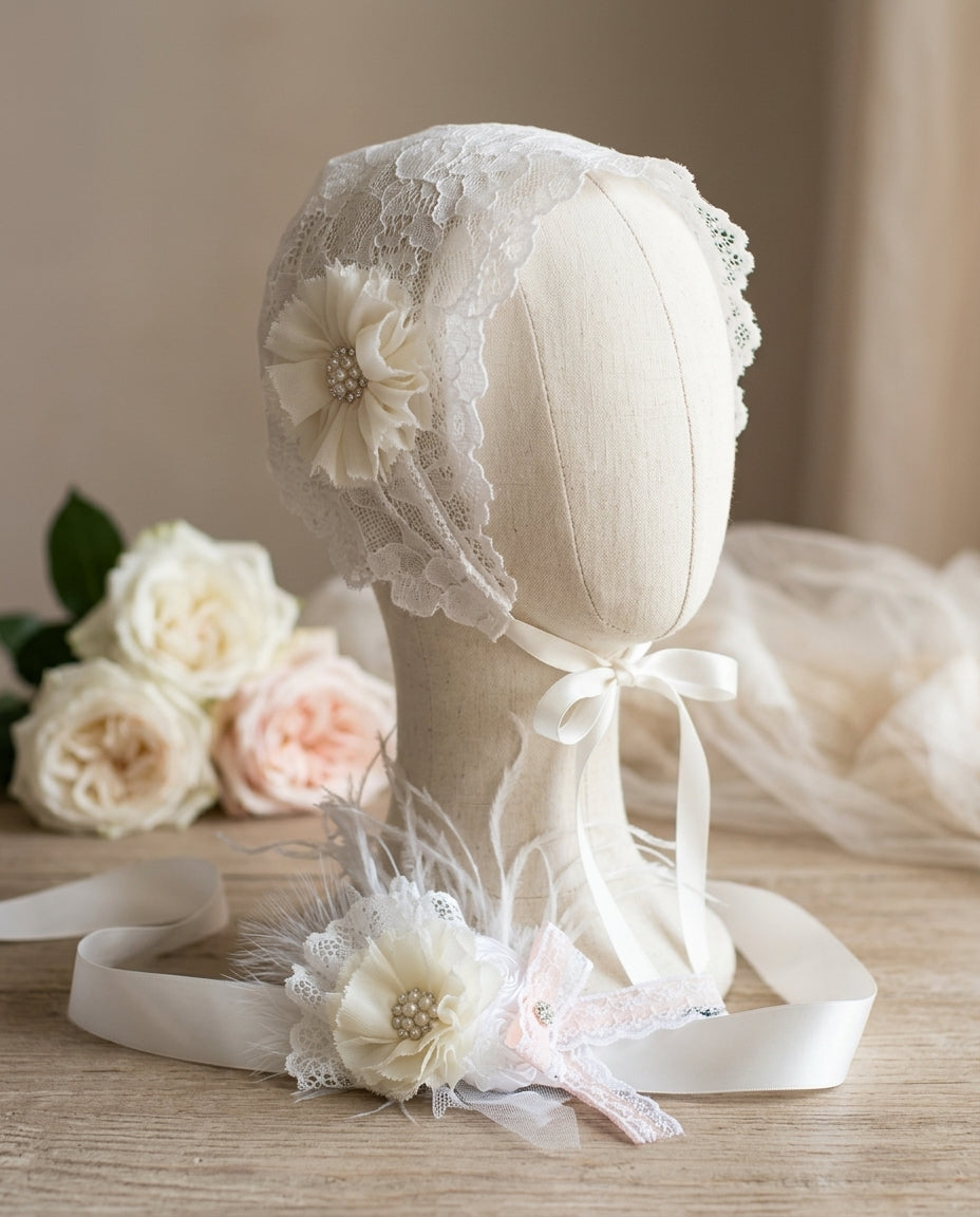 White Baptism Bonnet and Baptism Sash