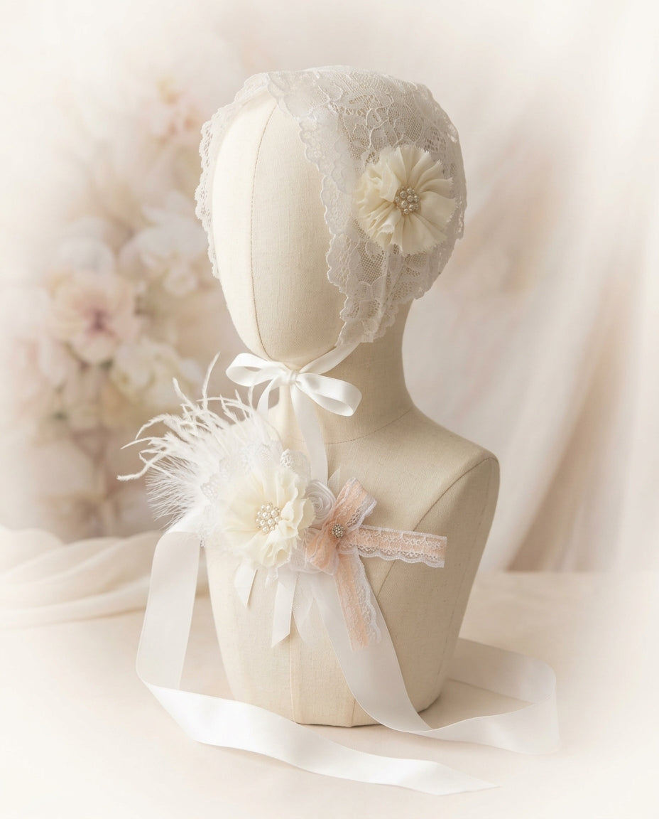 White Baptism Bonnet and Baptism Sash