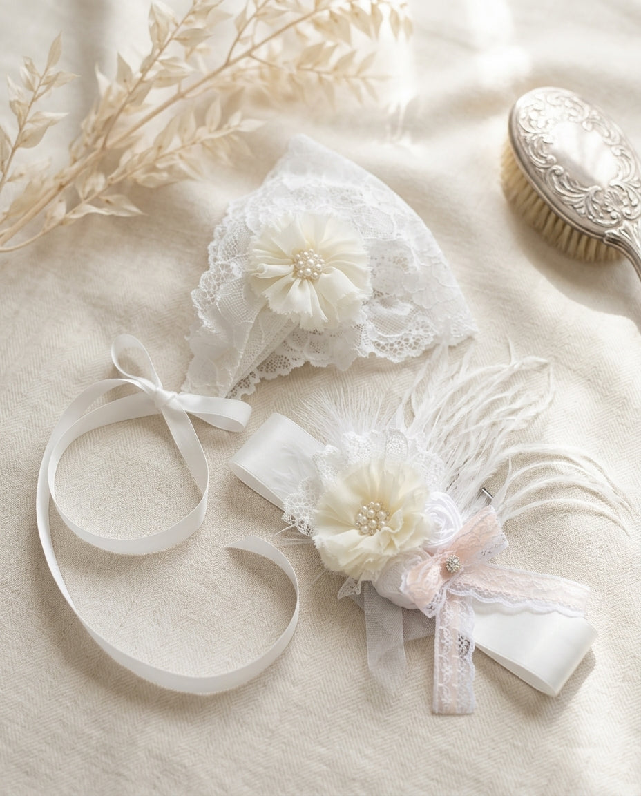 White Baptism Bonnet and Baptism Sash