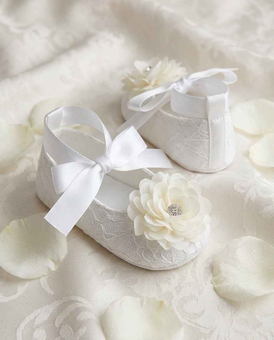 French White Baptism Shoes for Girls with Ivory Flowers and Rhinestones