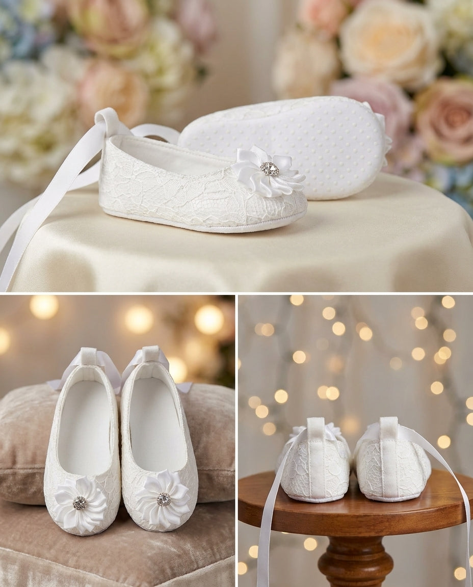 White Baptism Shoes with Flowers and Rhinestones