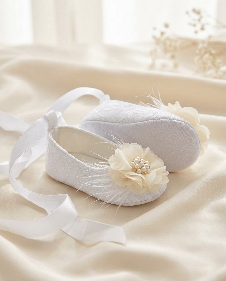 Ivory Baptism Shoes with Flowers, Pearls, & Rhinestones