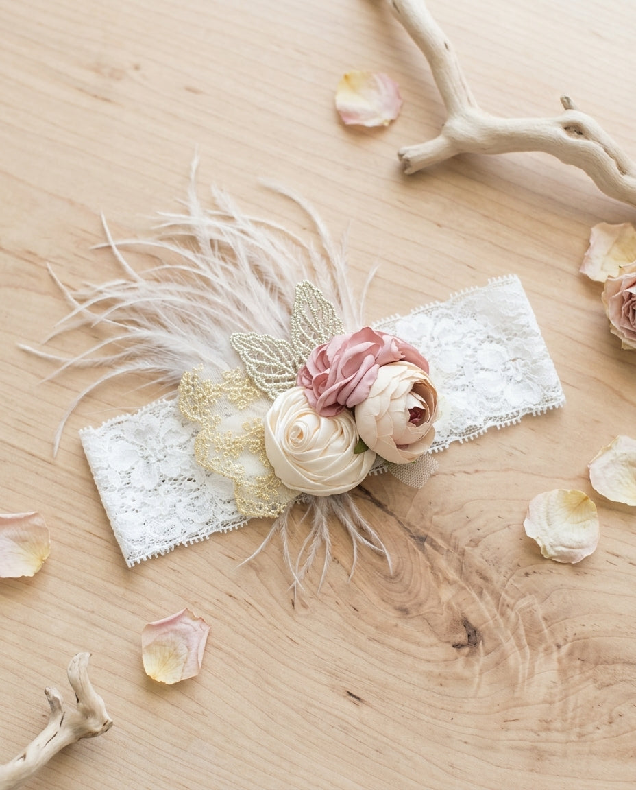 Dusty Rose & French Cream Flower Girl Headband and Sash