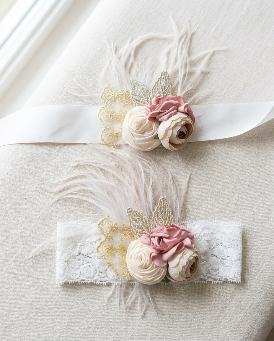 Dusty Rose & French Cream Flower Girl Headband and Sash