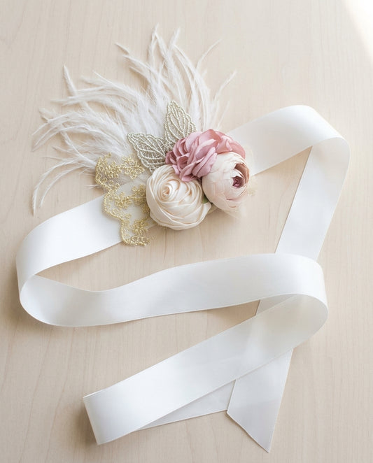 Dusty Rose & French Cream Flower Girl Headband and Sash