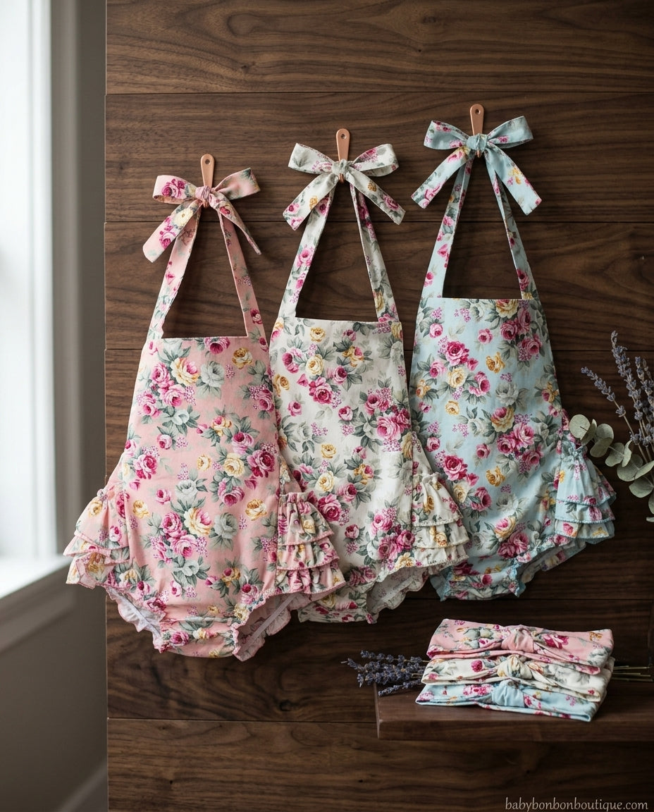 French Teal Floral Baby Ruffled Romper