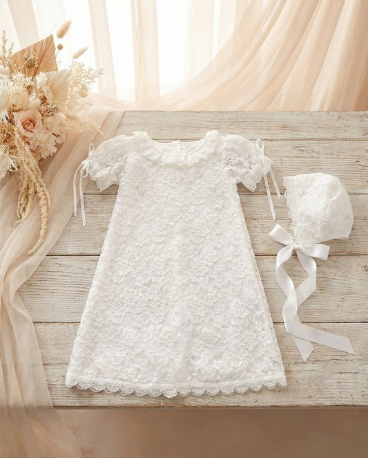 French White Lace Christening Dress and Bonnet, Belle Baptism Dress