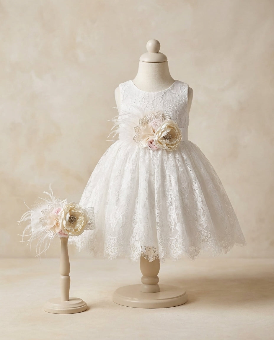 French White Lace Christening Dress with Ivory Headband