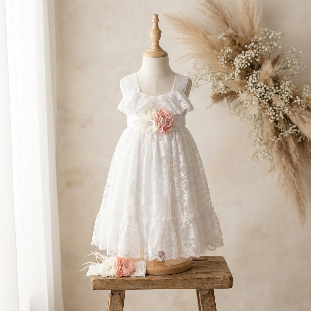 White Lace Dress, French White Lace Flower Girl Dress