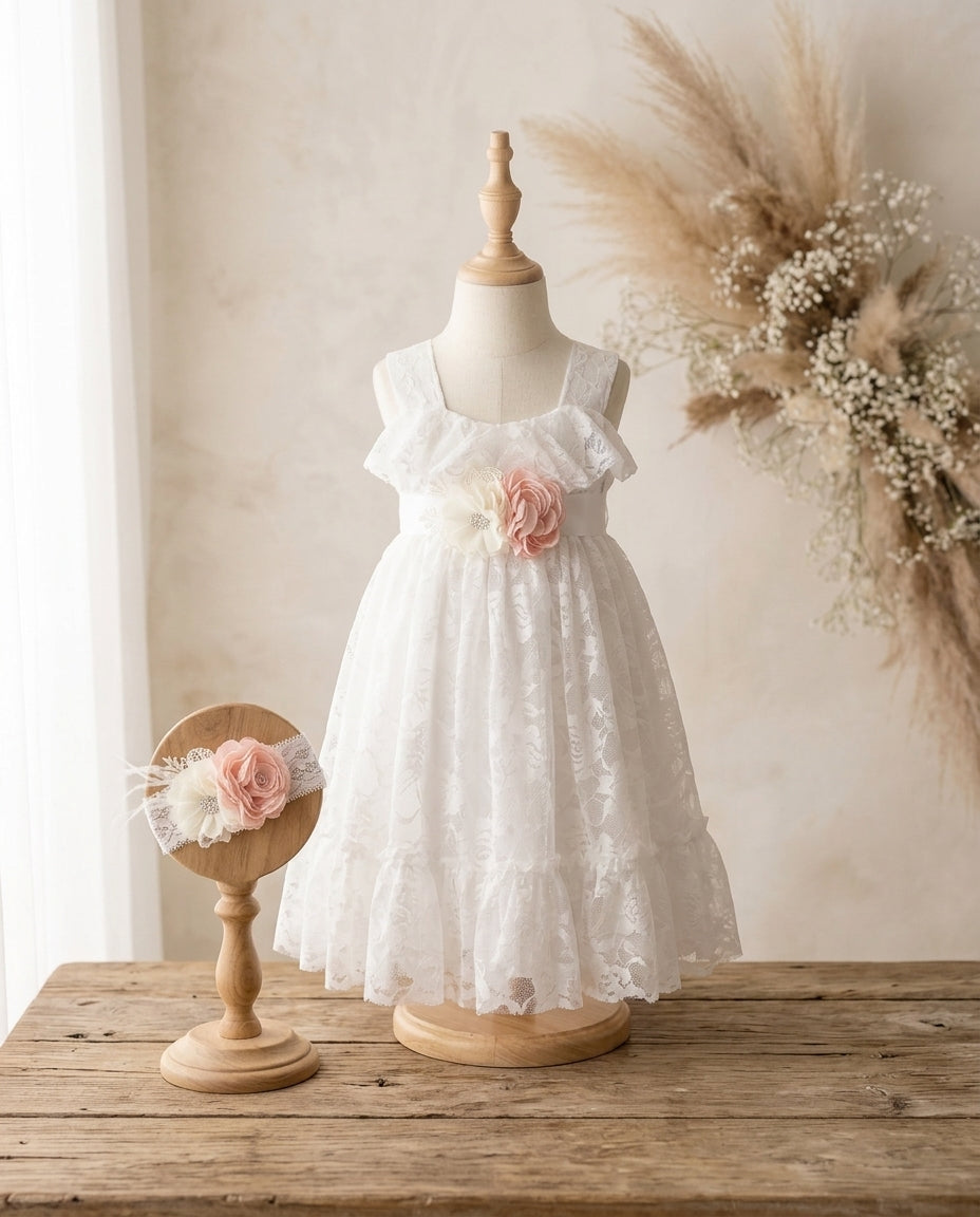 White Lace Flower Girl Dress with Headband and Sash