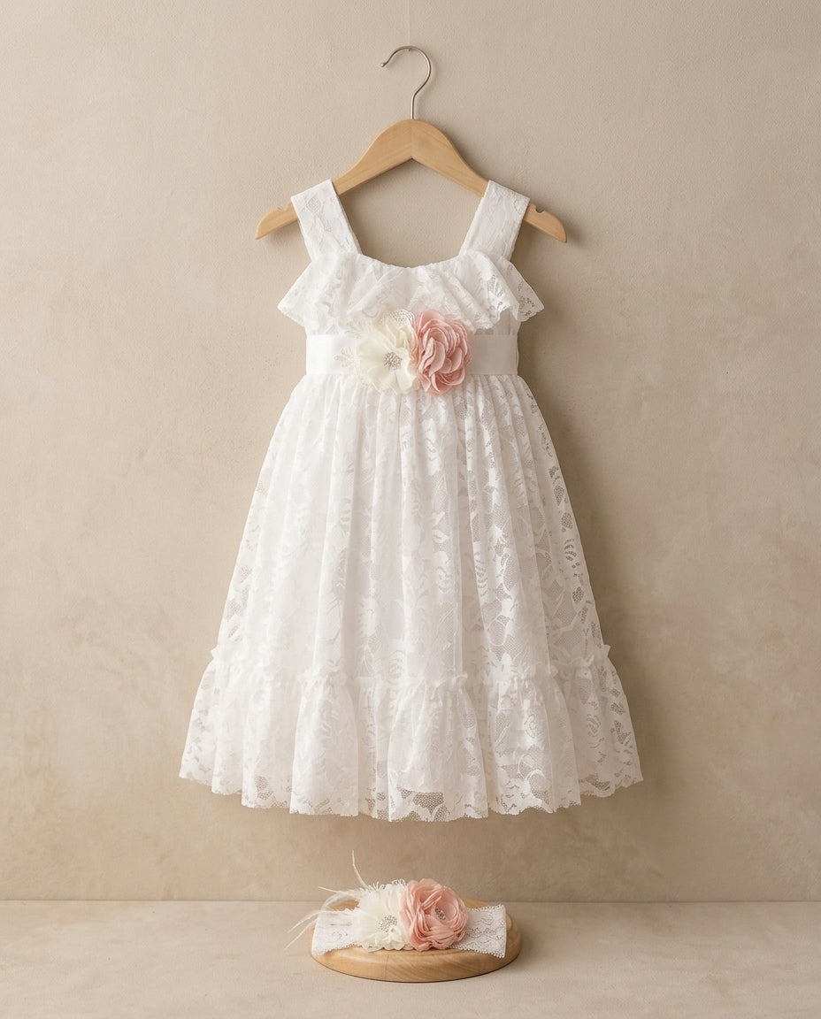 White Lace Flower Girl Dress with Headband and Sash