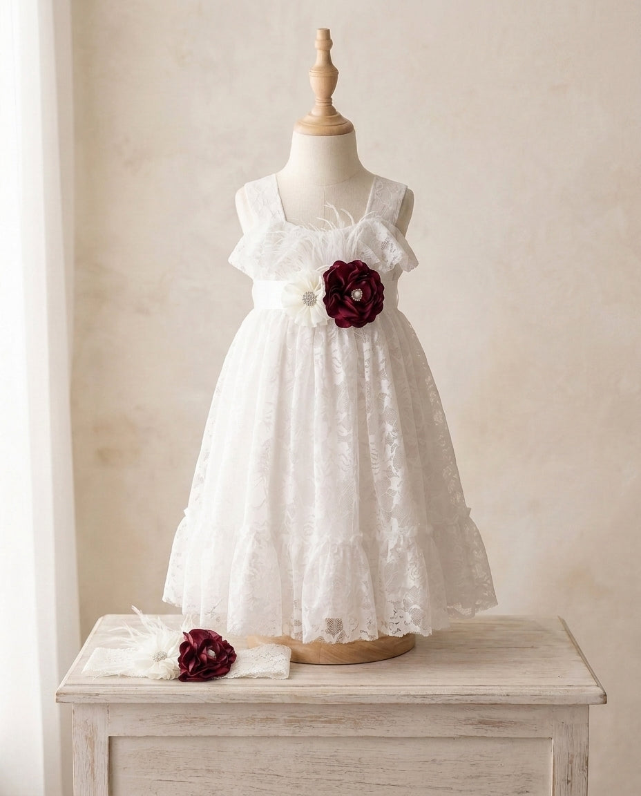 White Lace Flower Girl Dress with Headband and Sash
