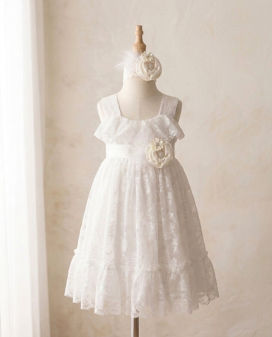 White Lace Flower Girl Dress with Headband and Sash
