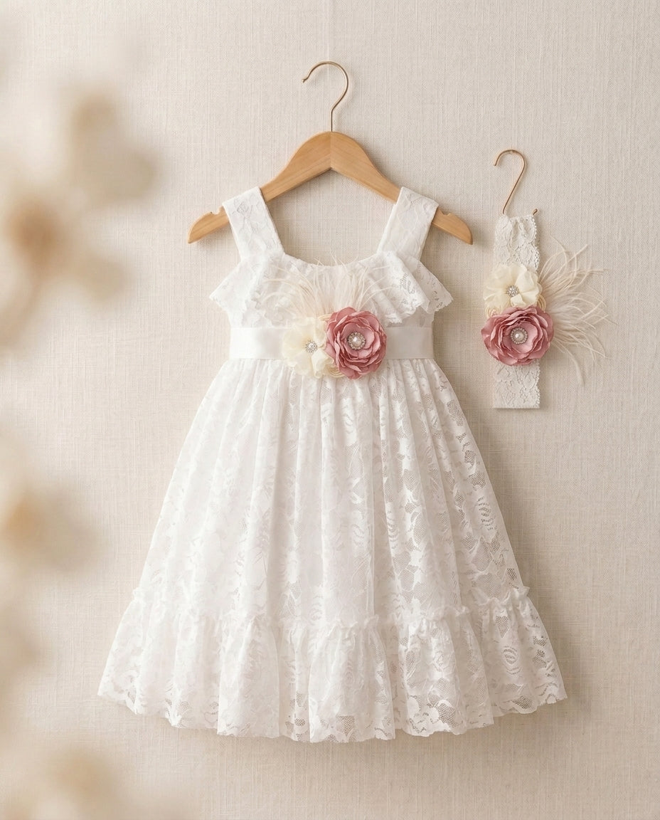 White Lace Flower Girl Dress with Headband and Sash