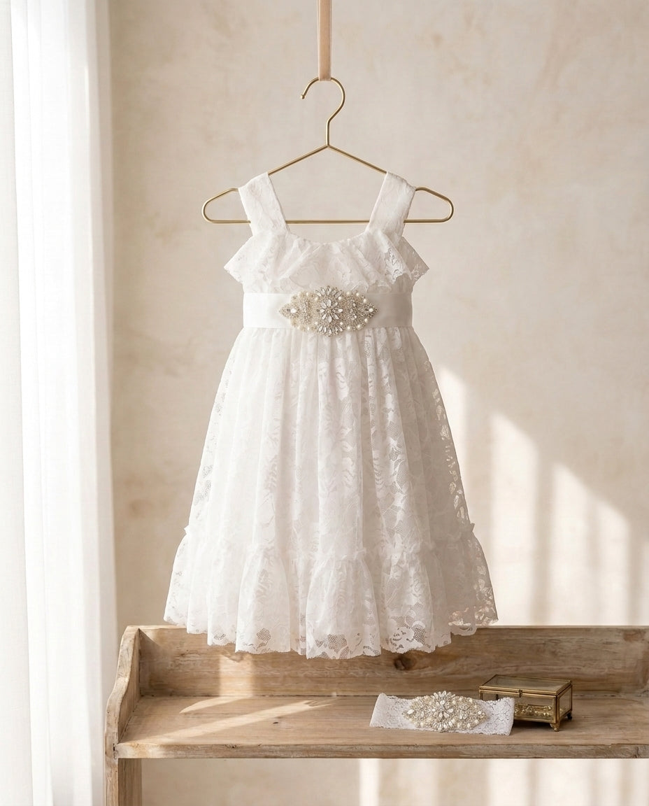 White Lace Flower Girl Dress with Headband and Sash