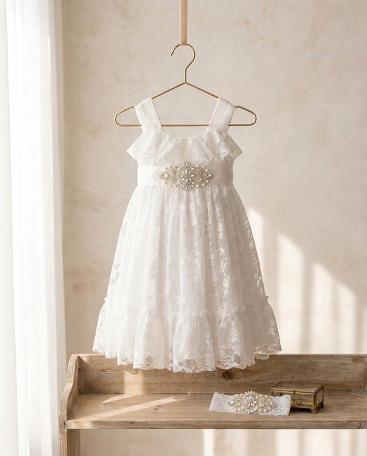 White Lace Flower Girl Dress with Headband and Sash