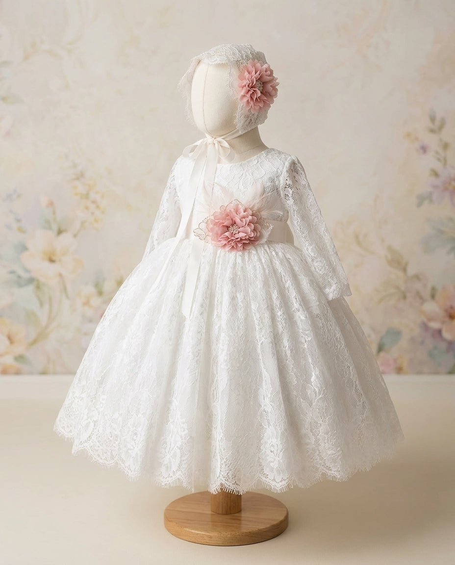 White Princess Christening Dress with Long Sleeves and Lace Bonnet