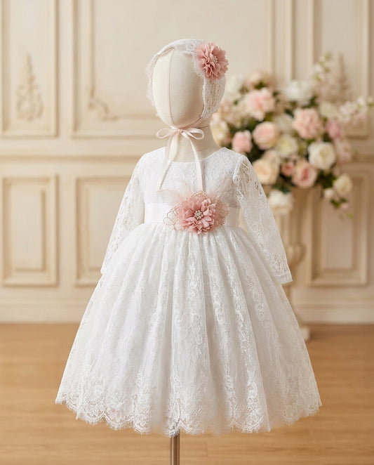 White Princess Dress with Long Sleeves and Lace Bonnet