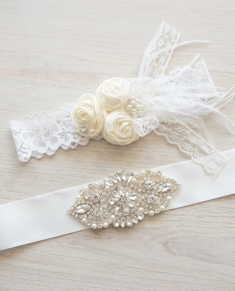 White and Ivory Baby Baptism Rosette Headband, Sash, and Barefoot Sandals