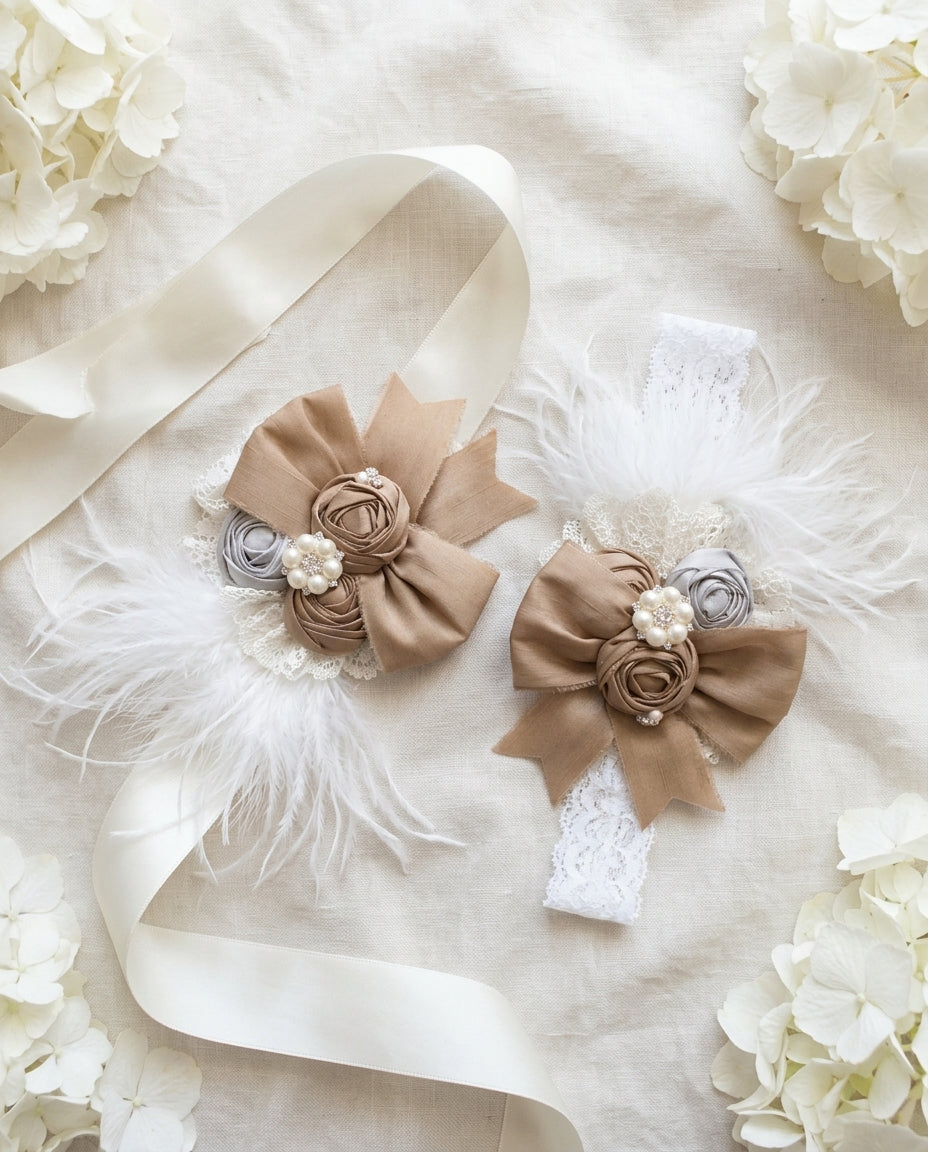 White and Vintage Brown Rosette Headband, Sash
