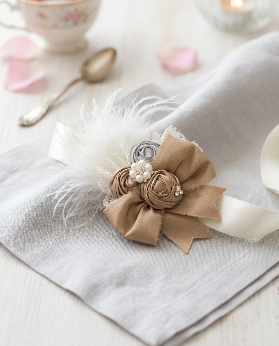 White and Vintage Brown Rosette Headband, Sash