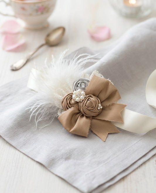 White and Vintage Brown Rosette Headband, Sash