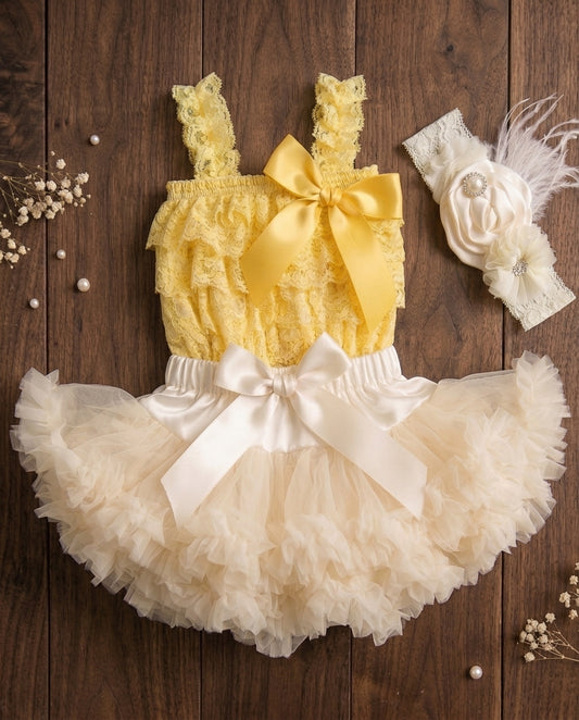 Yellow and Ivory Fluffy Skirt Outfit with Ivory Floral Headband