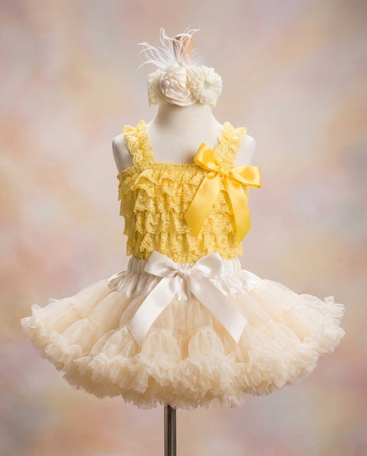 Yellow and Ivory Fluffy Skirt Outfit with Ivory Floral Headband