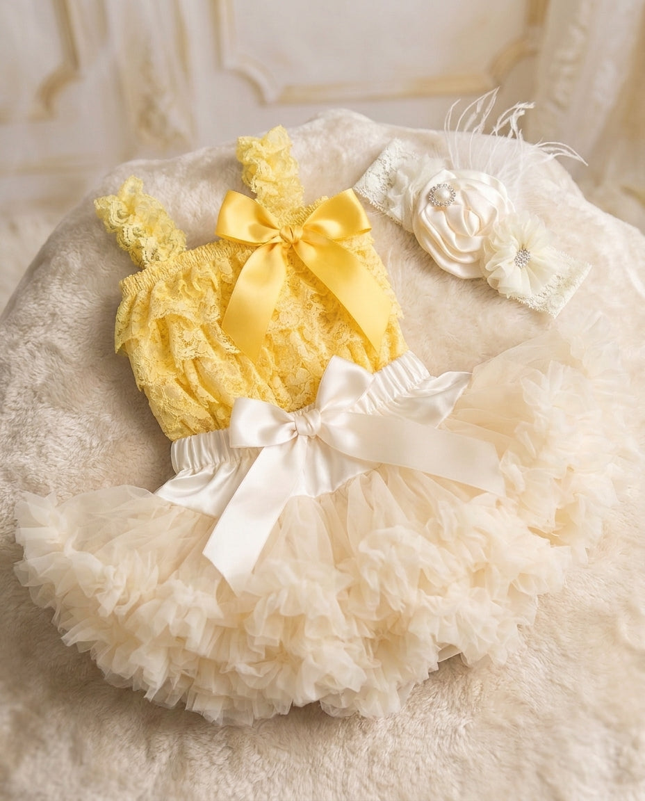 Yellow and Ivory Fluffy Skirt Outfit with Ivory Floral Headband