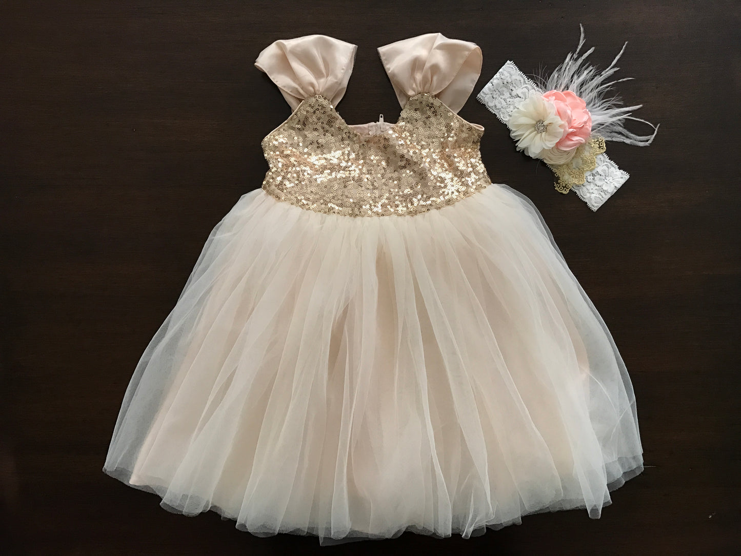 Gold Sequin Flower Girl Dress with Peach and Ivory Headband