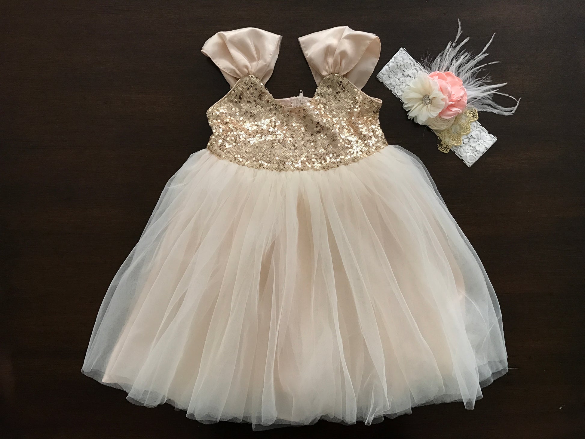 Gold Sequin Flower Girl Dress with Peach and Ivory Headband Champagne / 9-12 Months