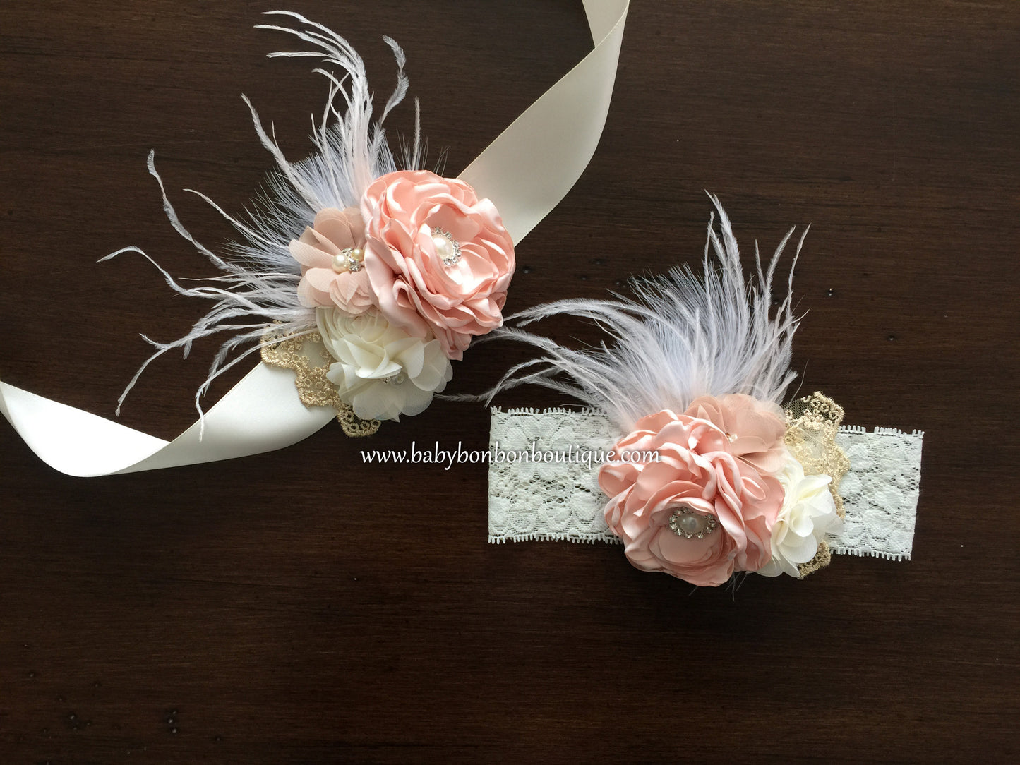 Blush & Ivory Baptism Headband, Sash, and Sandals