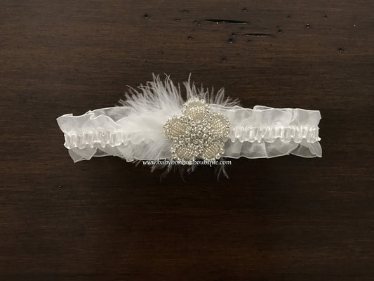 Baptism Rhinestones Headband, French White Double Ruffled Lace