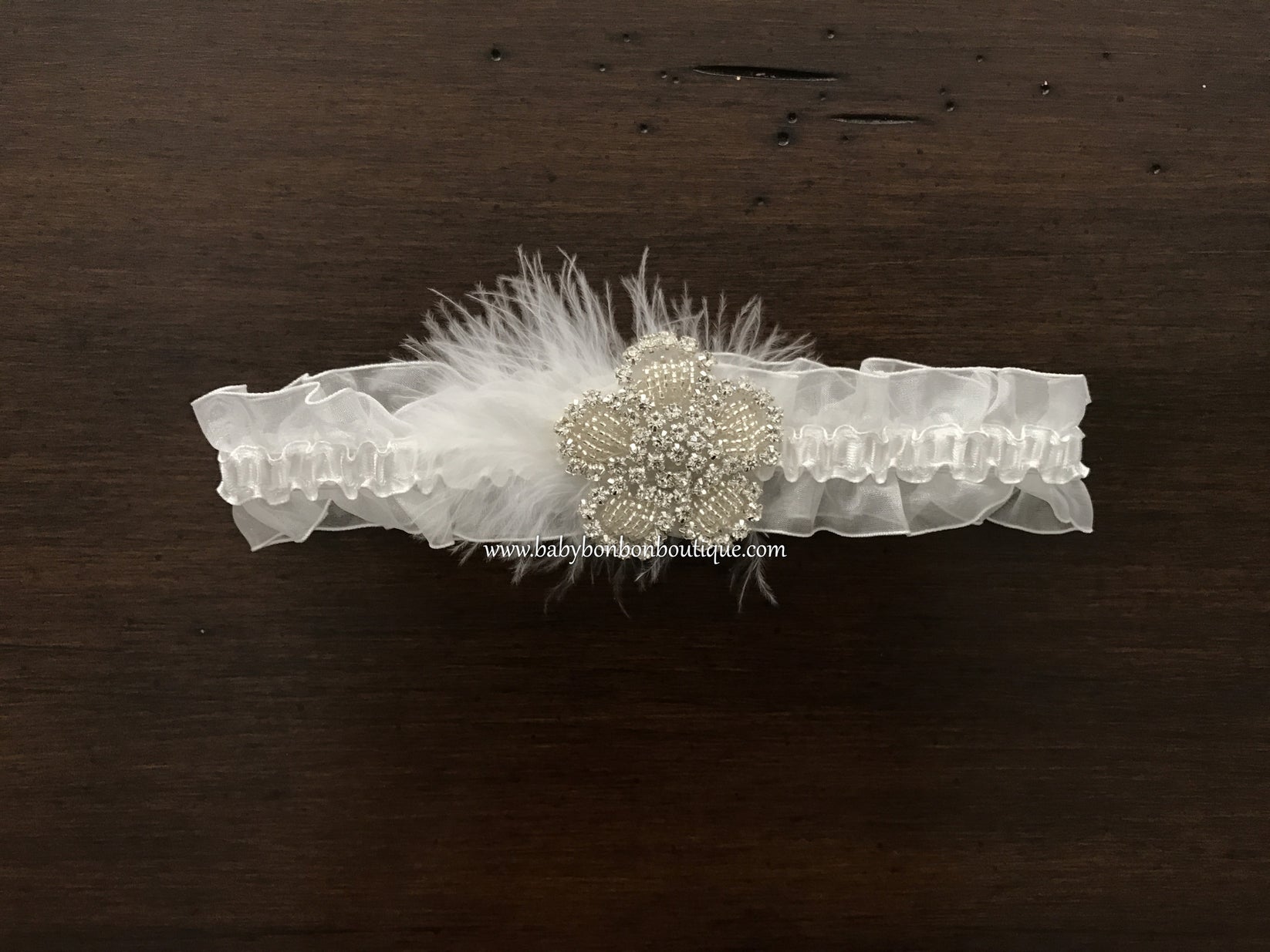 Baptism Rhinestones Headband, French White Double Ruffled Lace Baby