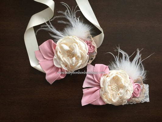 Ivory & Baby Pink Silk Baptism Headband and Sash