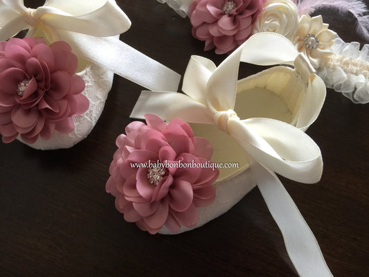 Baby Girl Ivory Baptism Shoes with Dusty Pink Flowers