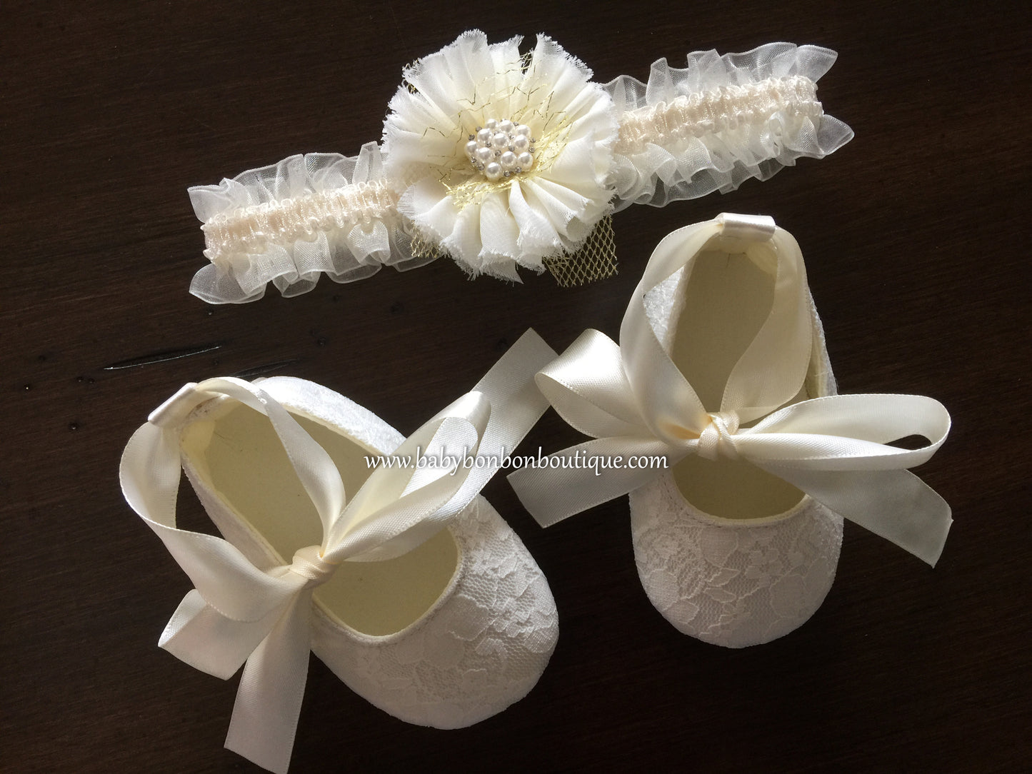 Ivory Baby Girl Baptism Shoes and Headband Set