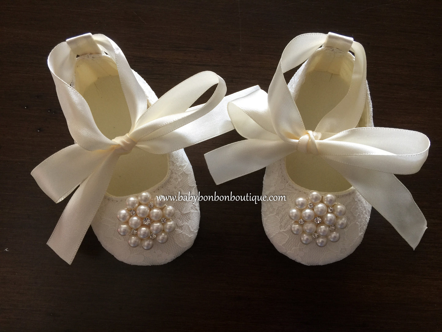 French White Baby Baptism Shoes with Pearl Rhinestones, Baby Ivory Baptism Shoes