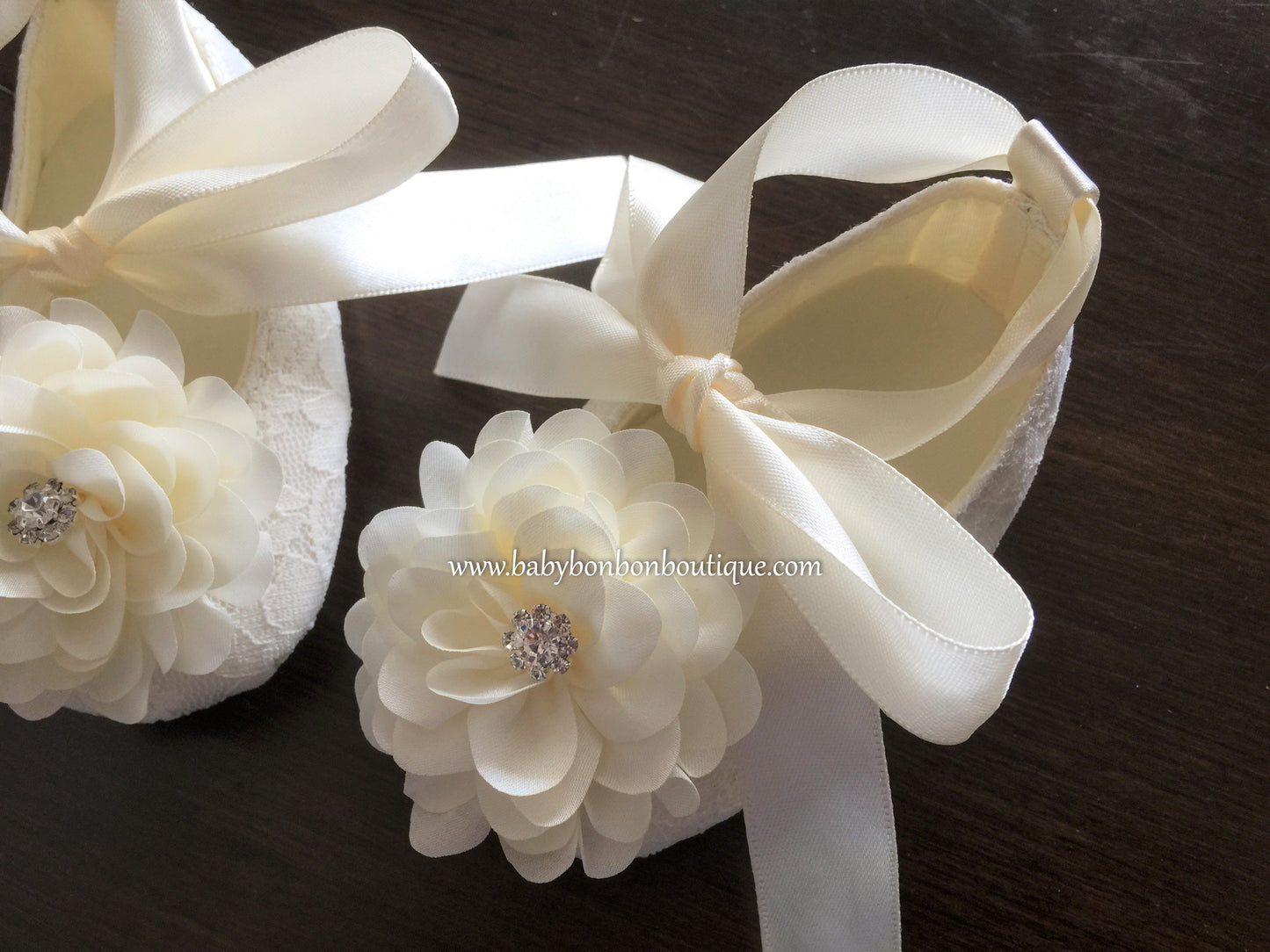 Ivory Baptism Shoes for Girls with Ivory Flowers and Rhinestones