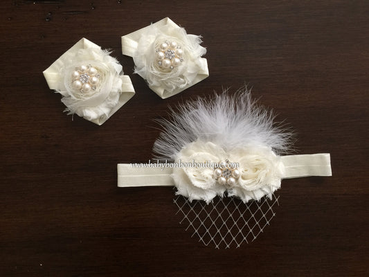Ivory Baptism Headband with Veil and Sandals