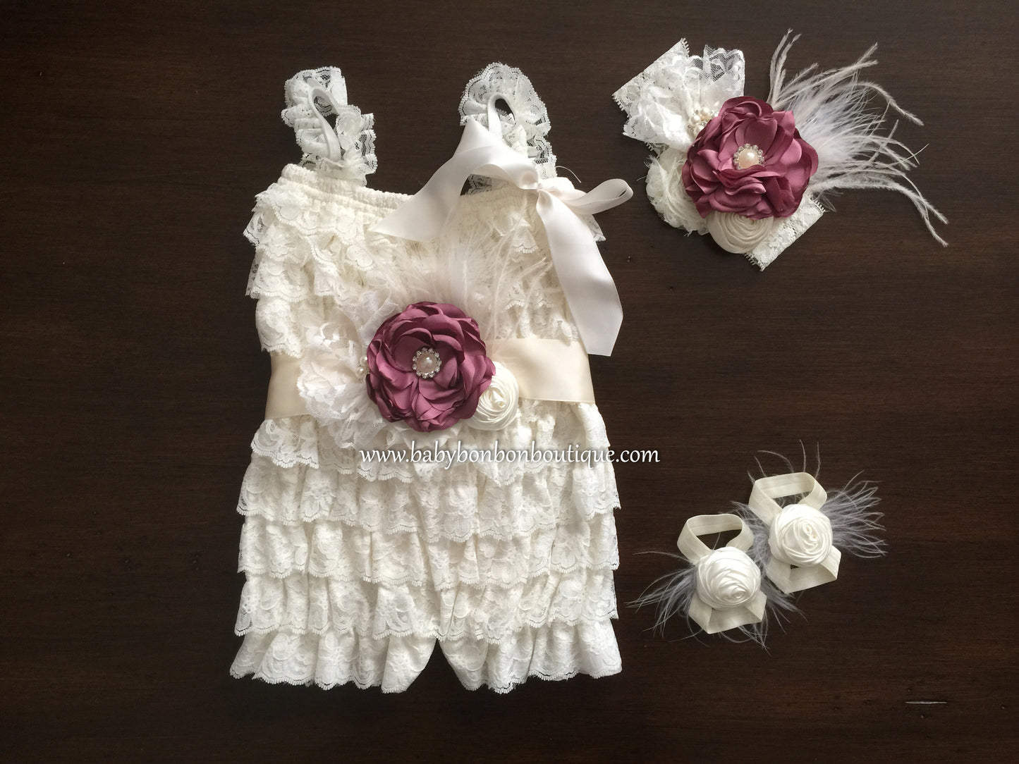 Baptism Lace Romper, Vintage Rose and Ivory