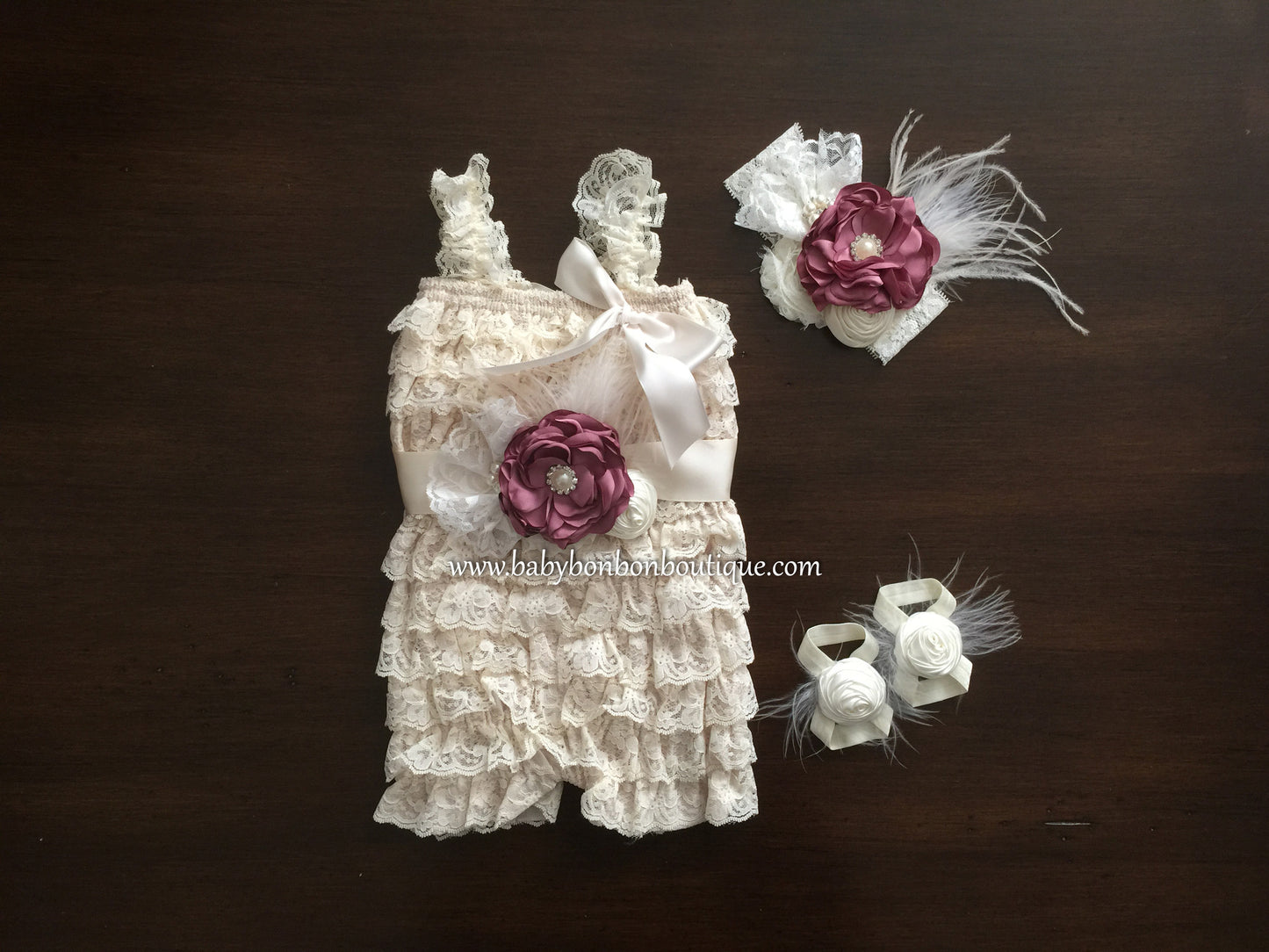 Baptism Lace Romper, Vintage Rose and Ivory