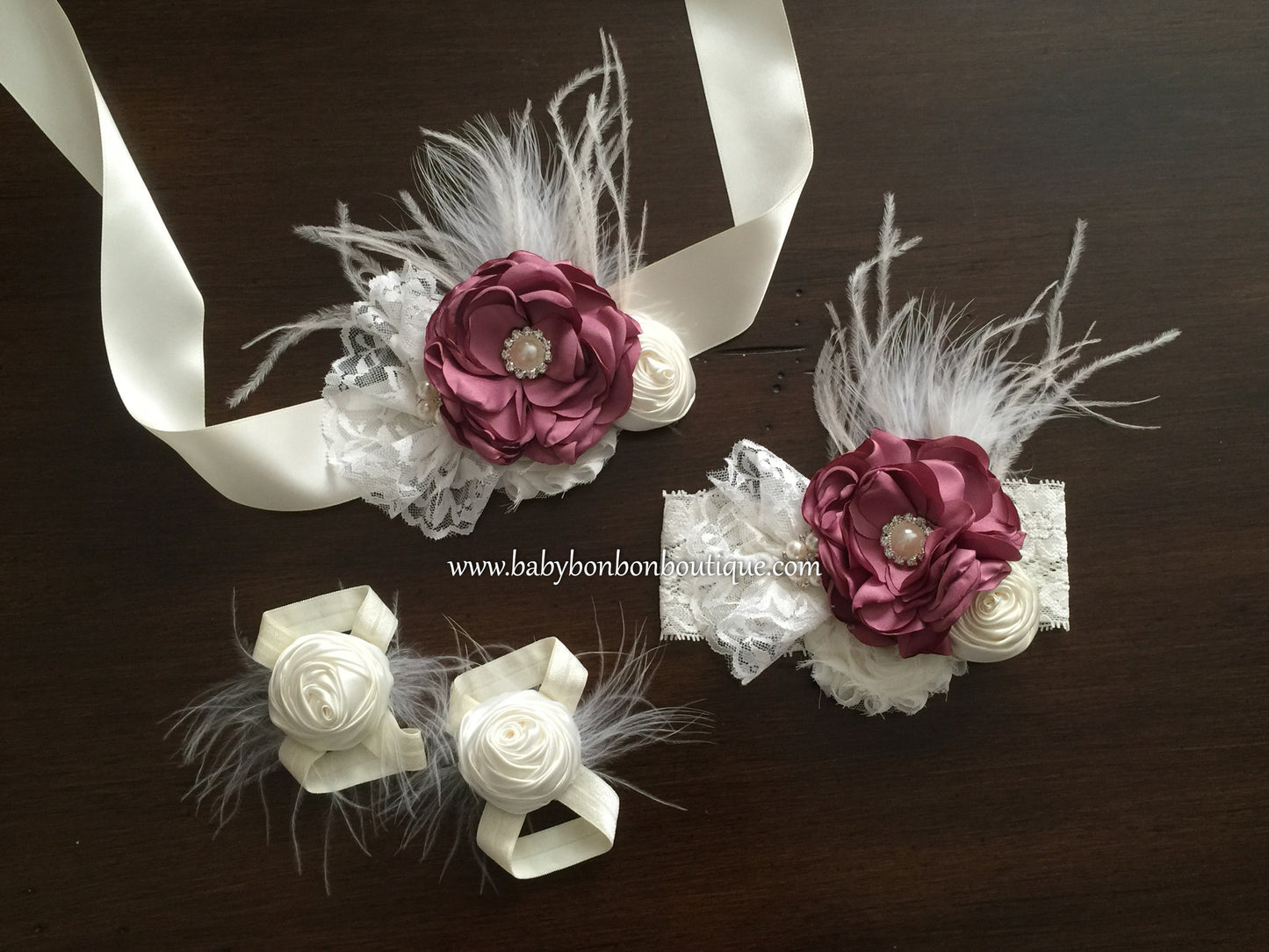 Vintage Rose & Ivory Christening Headband, Sash, and Barefoot Sandals